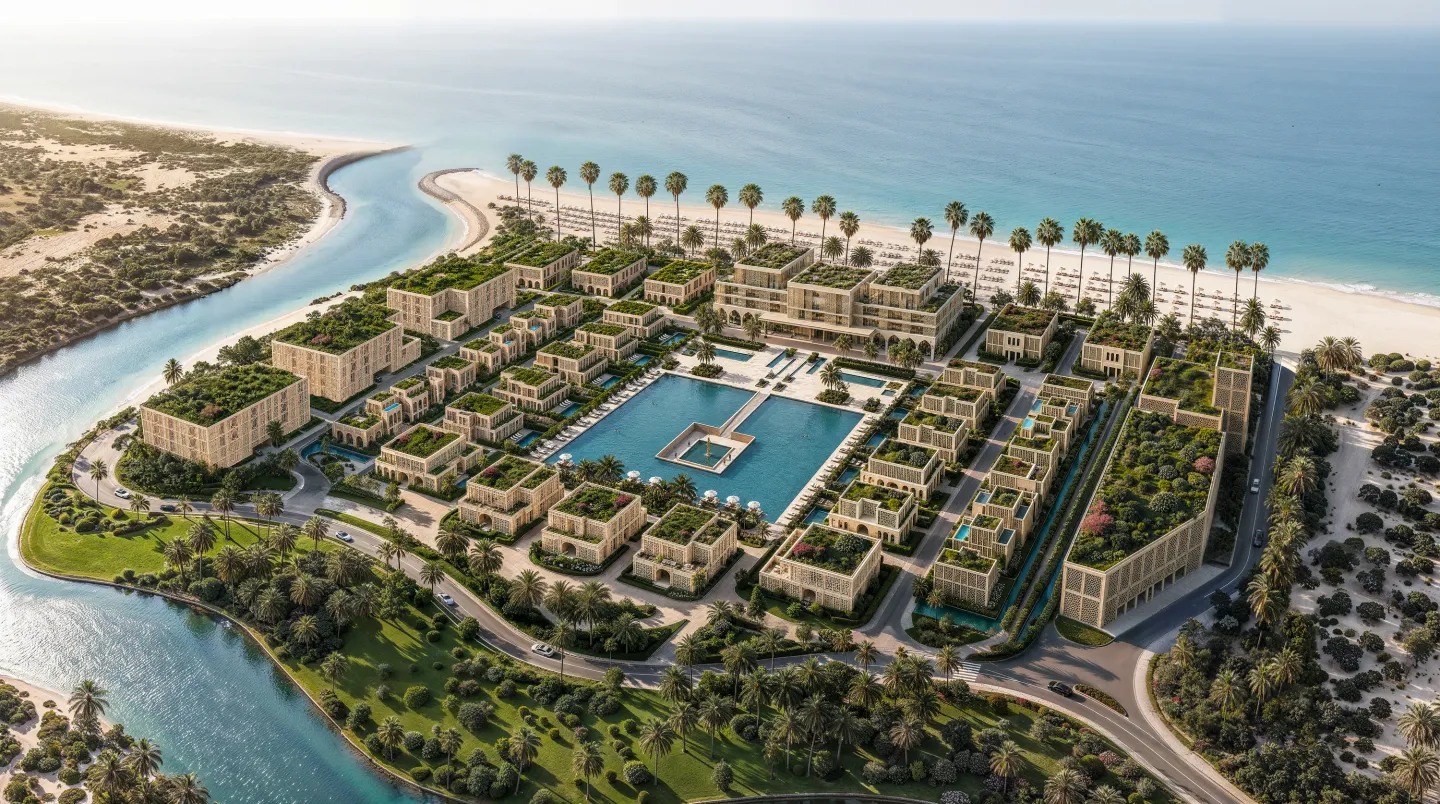 Mira Ocean Estates bei Tag aus der Luft: 28 Gebäude zwischen dem Strand am Arabischen Meer und dem Kanal