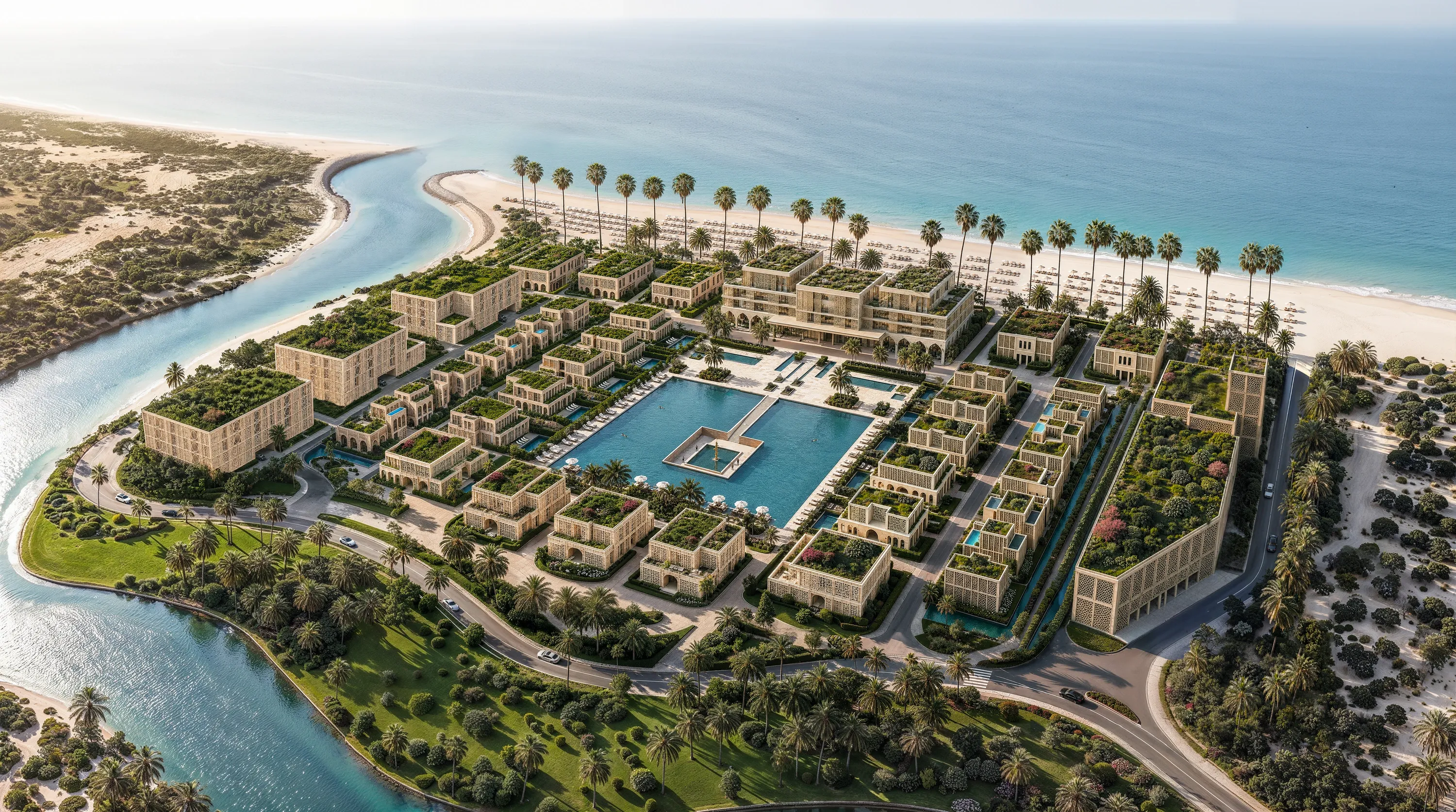 Aerial view of Mira Ocean Estates by day: 28 buildings between the Arabian Sea beach and the canal