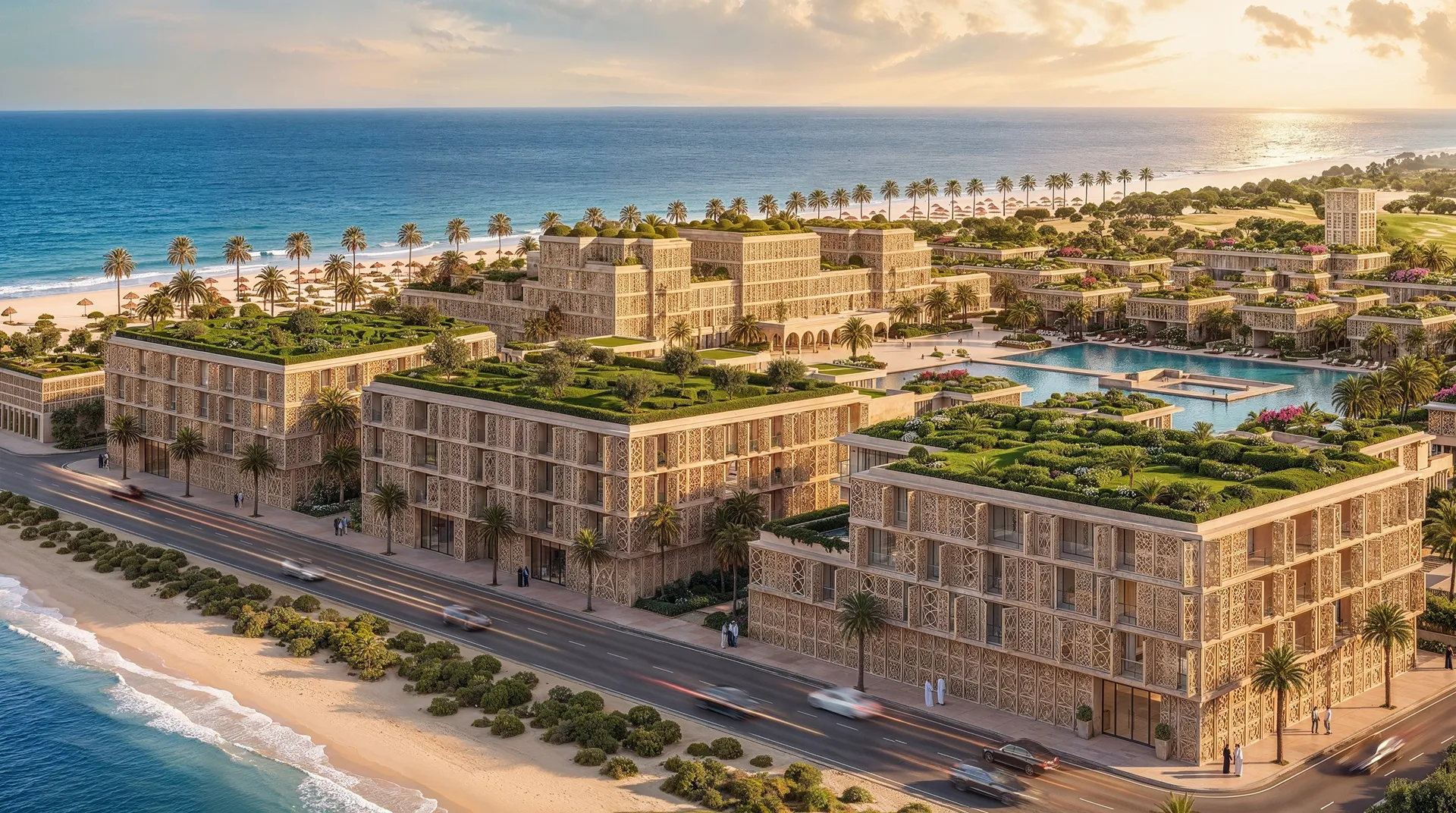 Mira Ocean Estates bei Tag aus der Luft: die Gebäude in erster Reihe und die Küstenstraße mit Blick auf das Arabische Meer