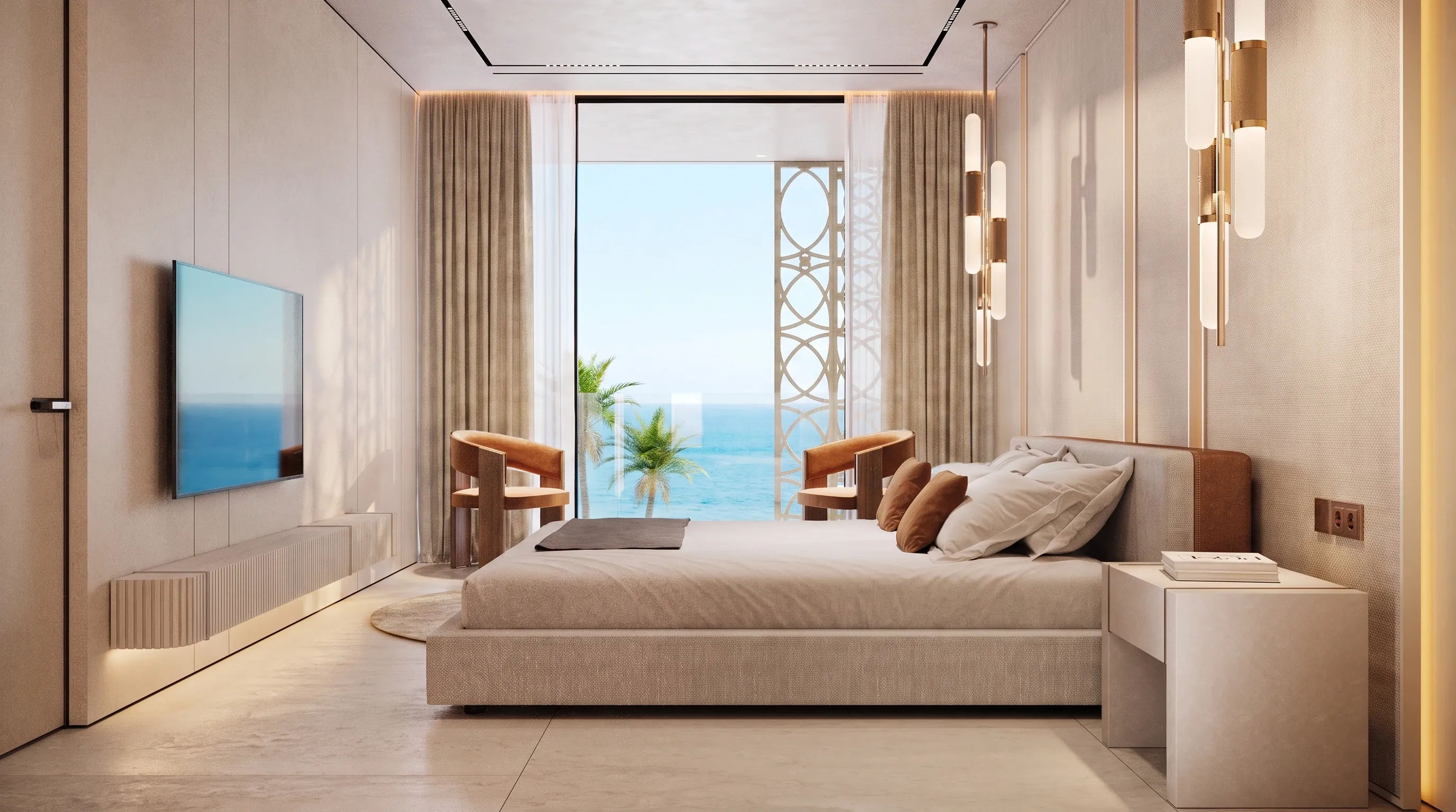 Полностью меблированная спальня Trussardi Residences: пальмы и Аравийское море за остеклением