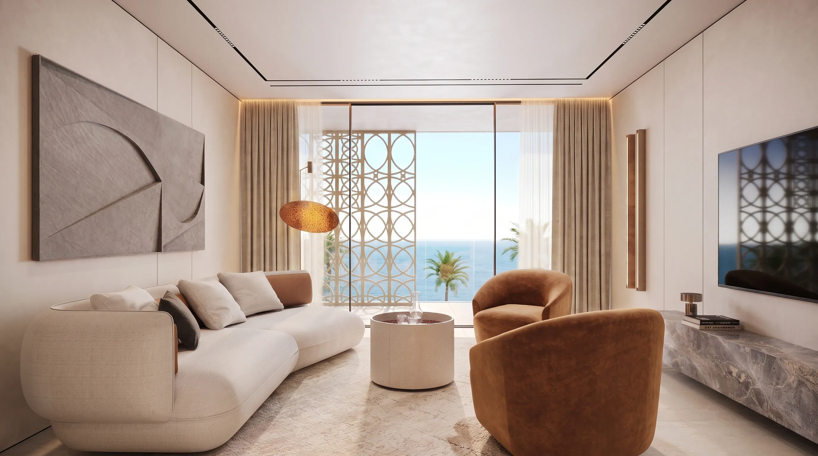 A Mira Ocean Estates bedroom with palms and the Arabian Sea beyond the glazing