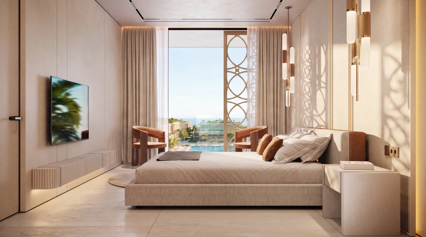 Спальня Trussardi Residences с видом на центральный бассейн Mira Ocean Estates