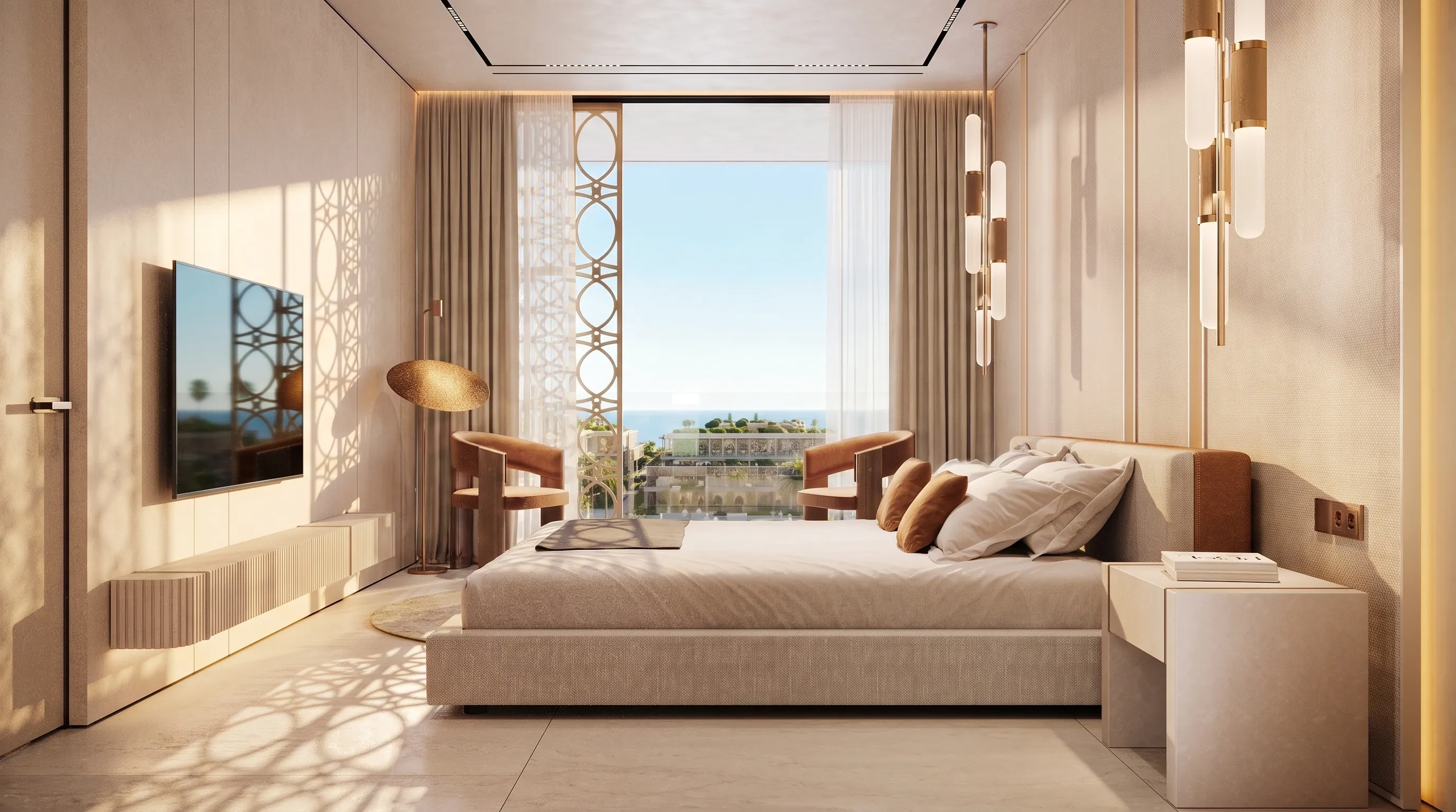 A branded Mira Ocean Estates bedroom facing the Arabian Sea