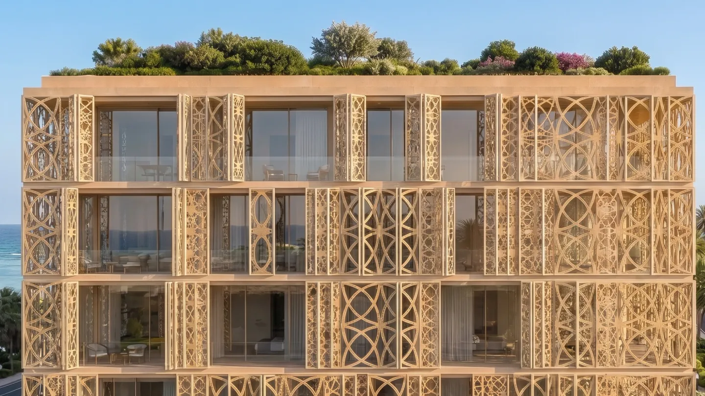 Ein Gebäude von Mira Ocean Estates mit geschnitzten Fassadengittern unter einem Dachgarten