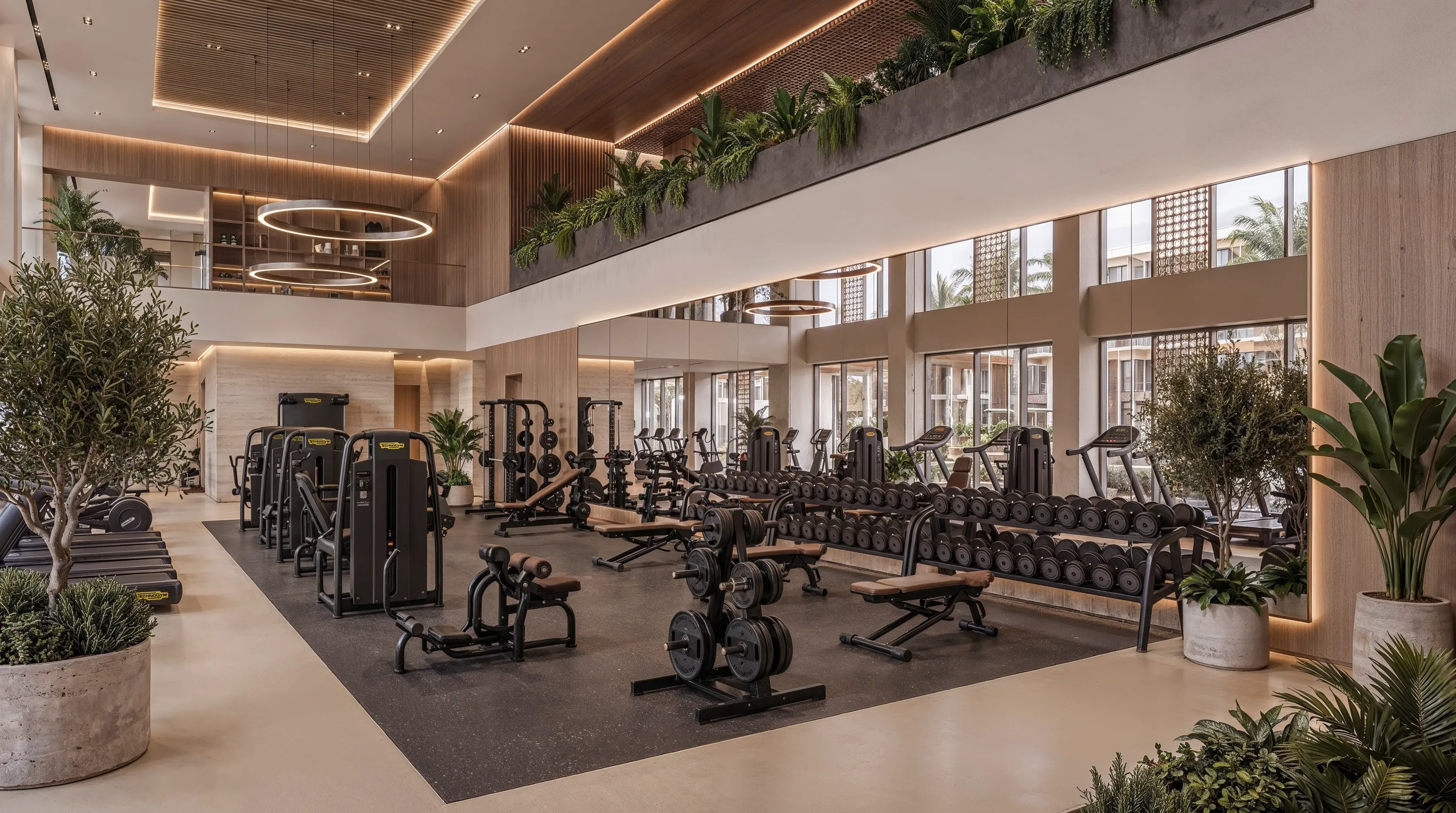 The double-height Technogym-equipped fitness centre at Mira Ocean Estates