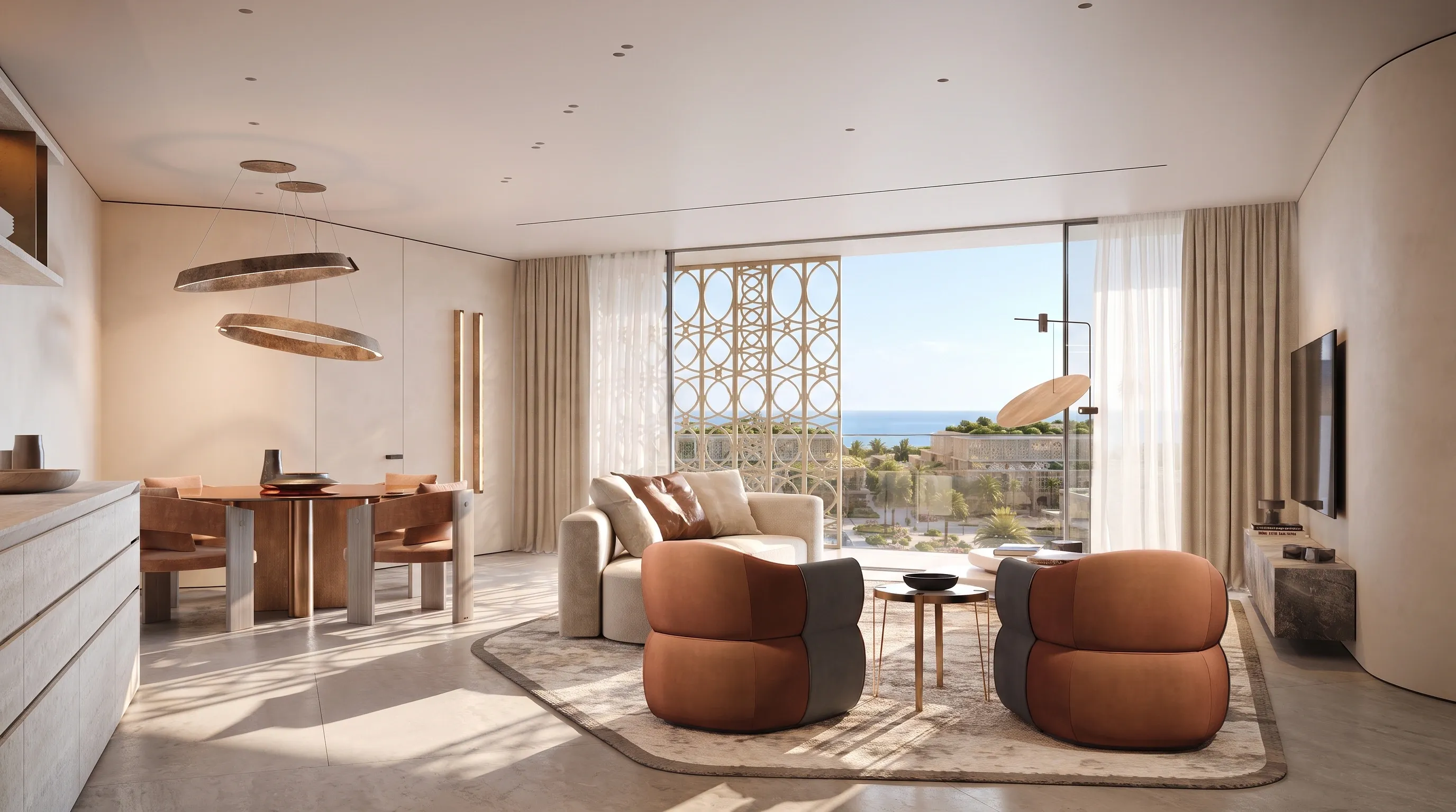 A furnished Mira Ocean Estates living and dining room opening to a sea-view balcony
