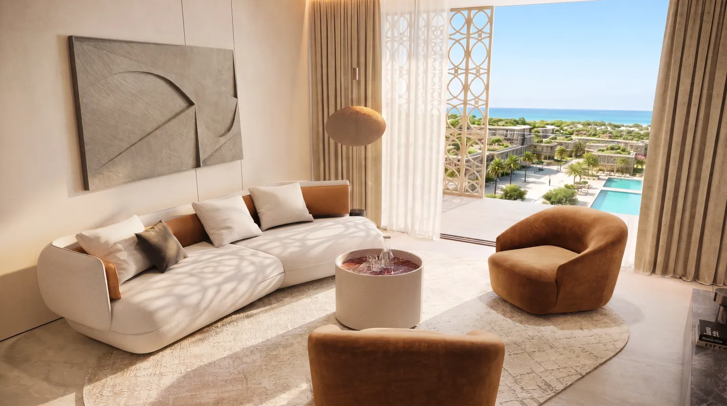 Гостиная Trussardi Residences с видом на комьюнити Mira Ocean Estates