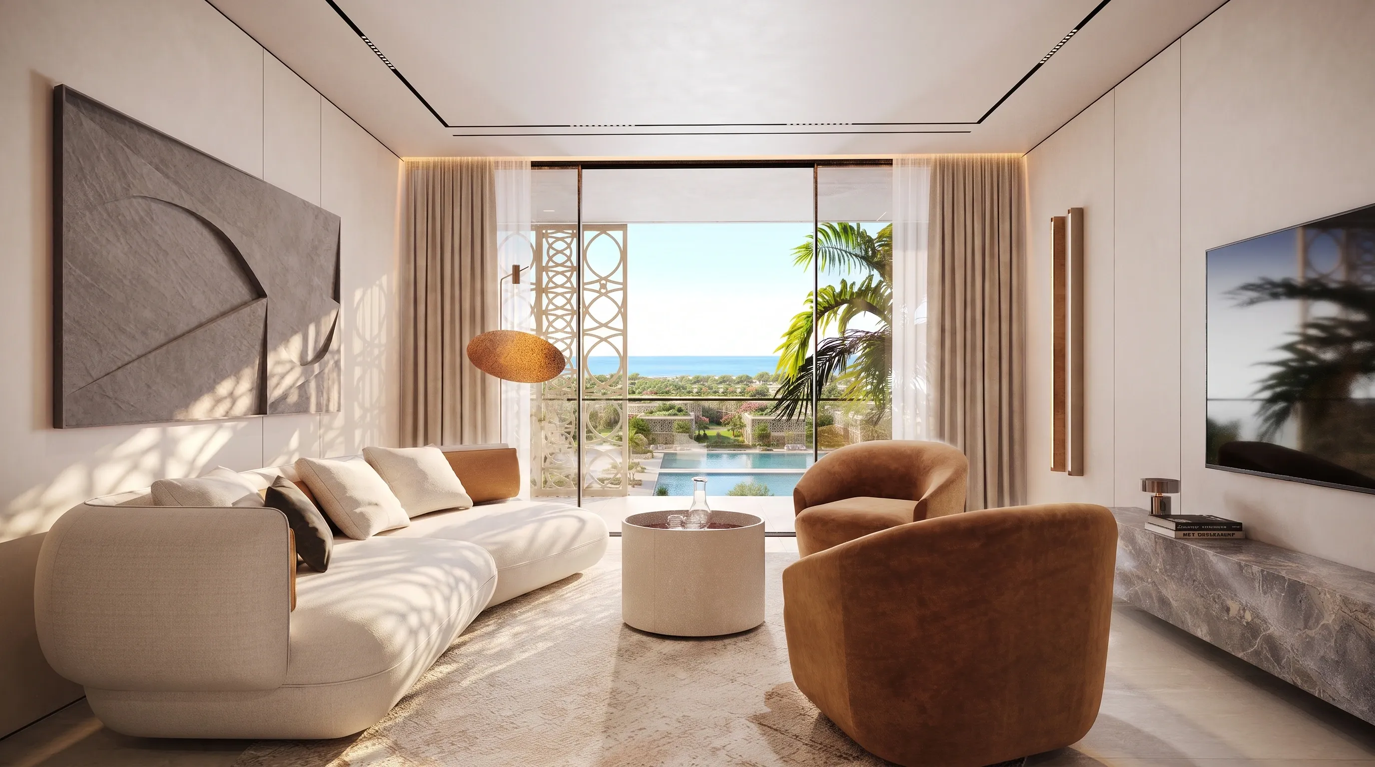 A branded living room at Mira Ocean Estates opening to a terrace above the community pool