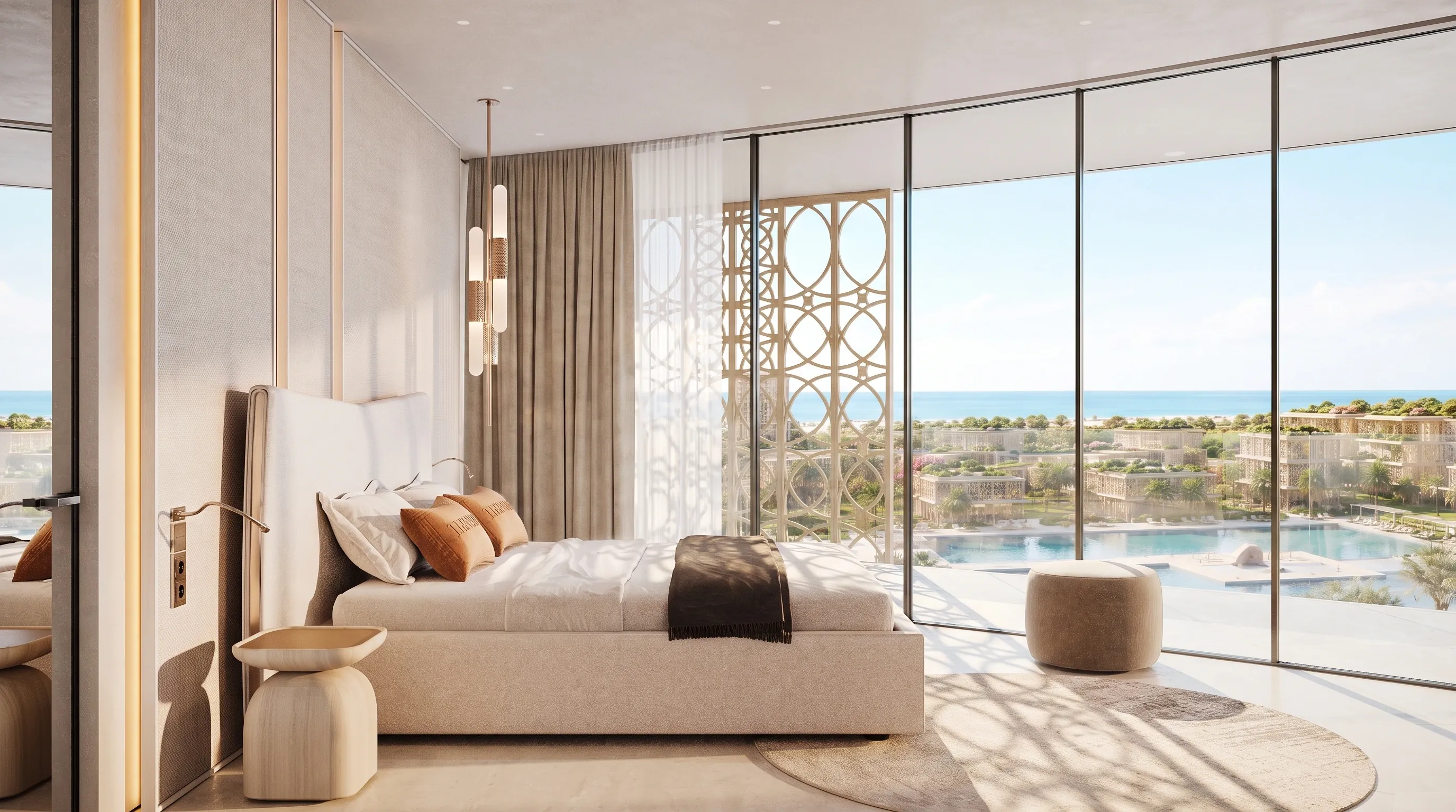 A furnished Mira Ocean Estates living room looking out to a palm and the Arabian Sea