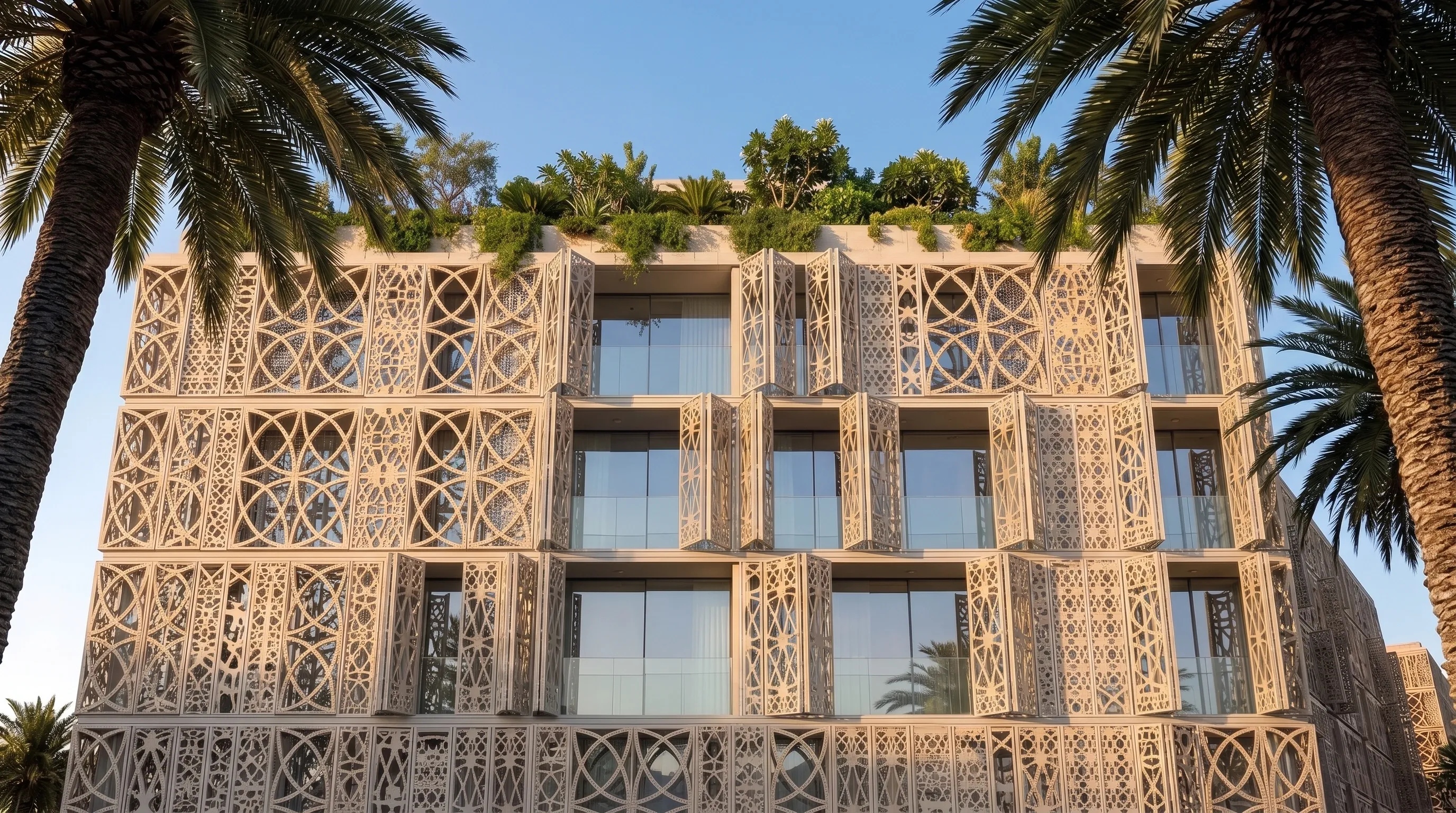 Mira Ocean Estates facade with carved mashrabiya screens and a planted roof, framed by palms
