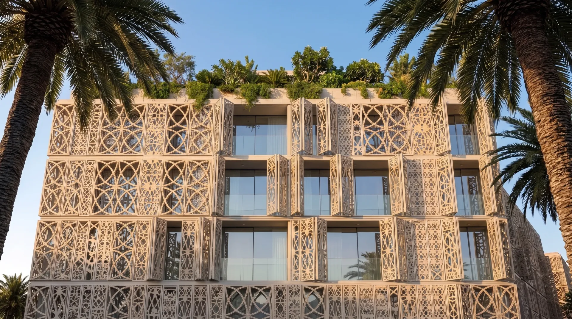 Fassade von Mira Ocean Estates mit geschnitzten Mashrabiya-Gittern und begrüntem Dach, gerahmt von Palmen