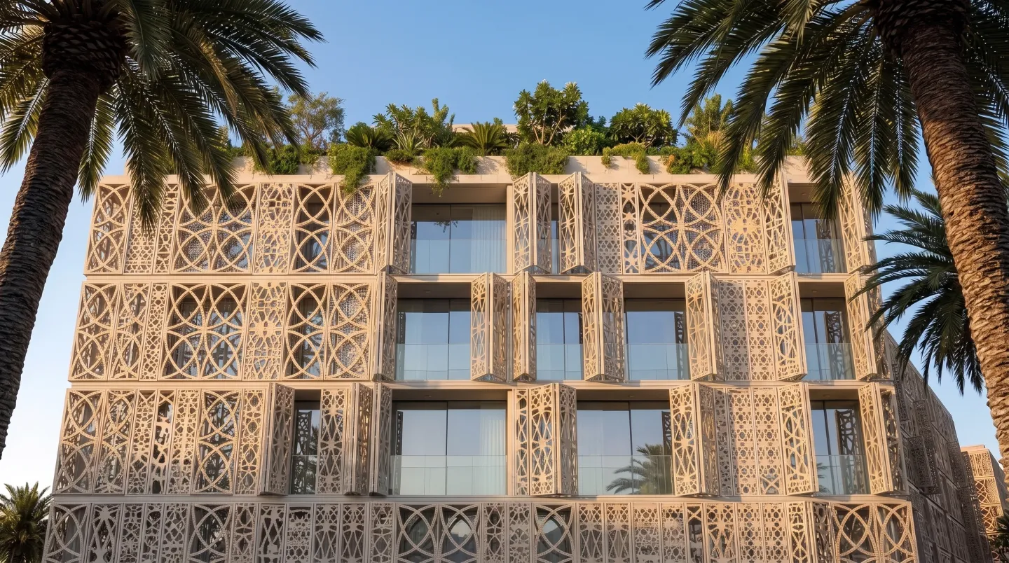 Fassade von Mira Ocean Estates mit geschnitzten Mashrabiya-Gittern und begrüntem Dach, gerahmt von Palmen