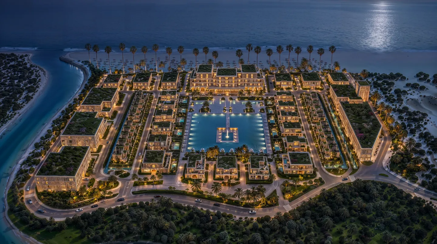 Mira Ocean Estates lit at night from above, its central pool glowing between the sea and the canal