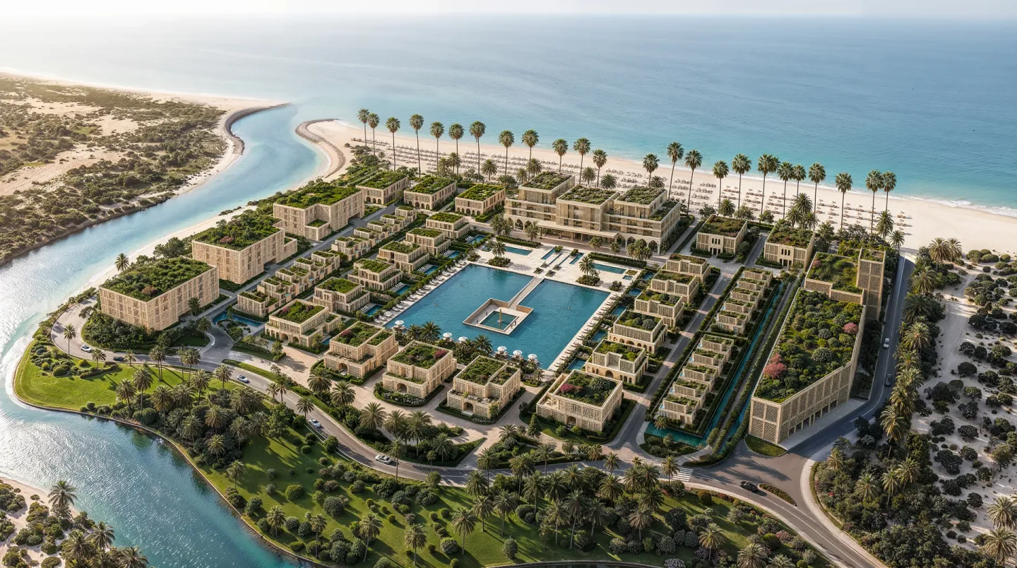 Aerial view of Mira Ocean Estates by day: 28 buildings between the Arabian Sea beach and the canal