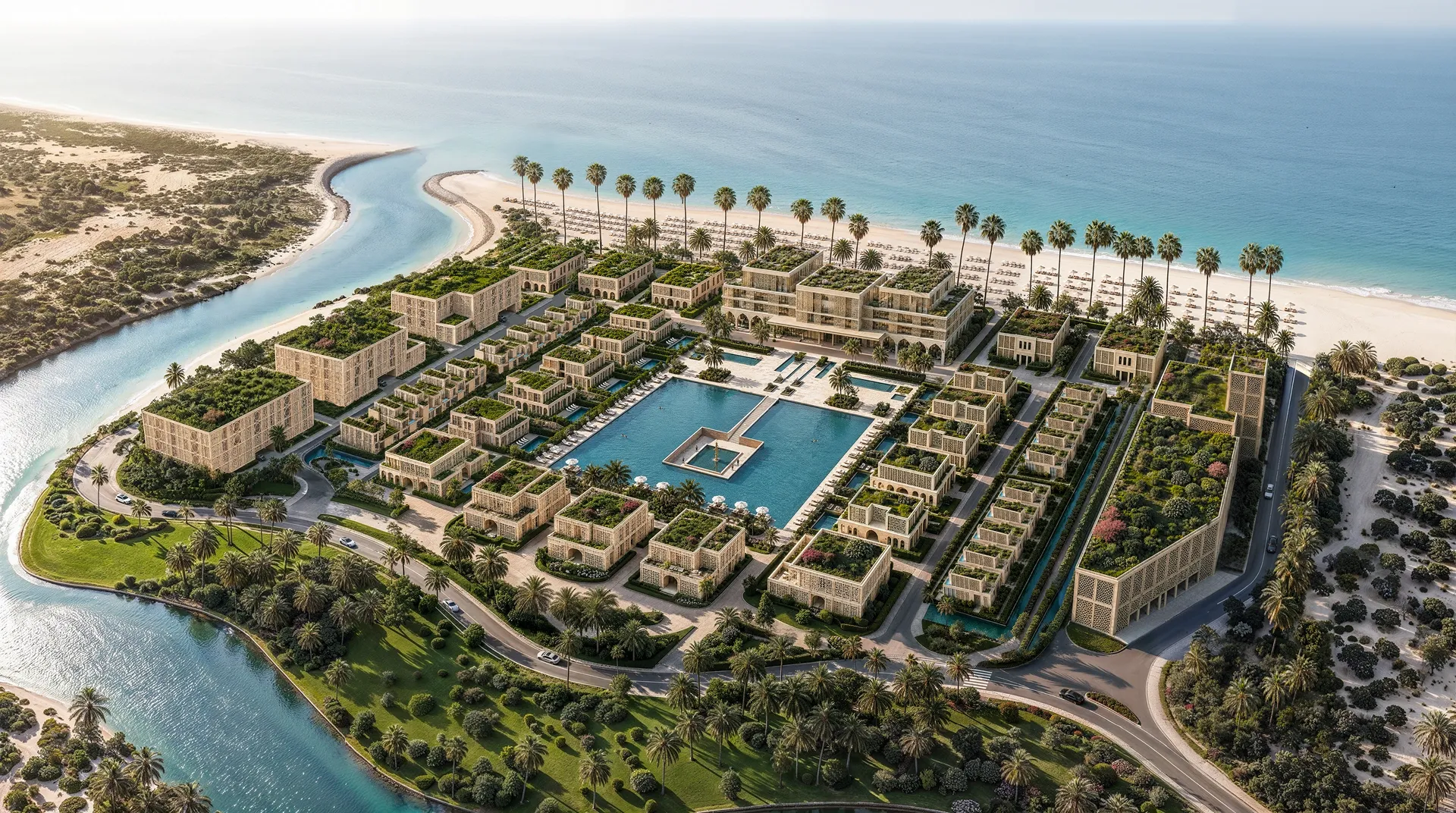 Aerial view of Mira Ocean Estates by day: 28 buildings between the Arabian Sea beach and the canal