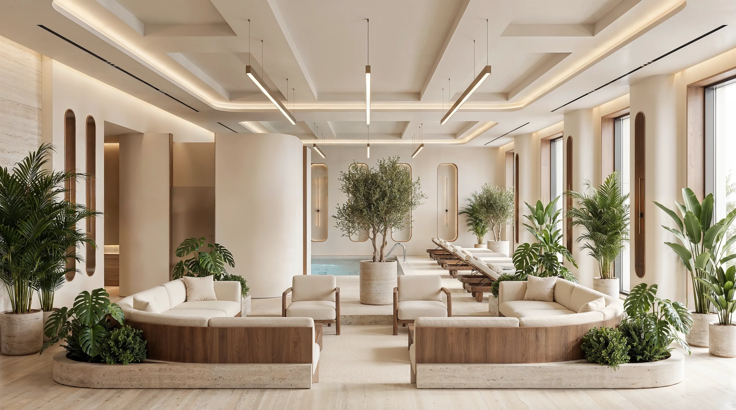 The spa pool lounge at Mira Ocean Estates, ringed by daybeds and greenery