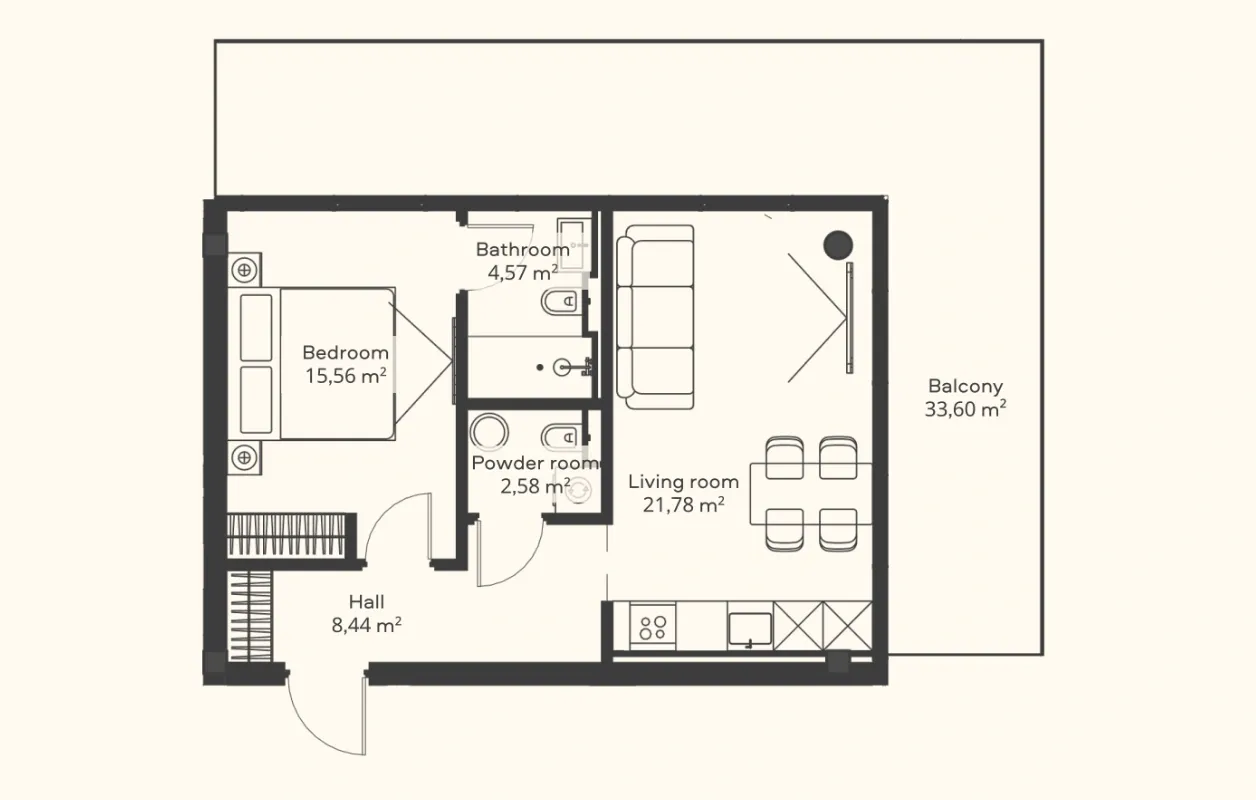 Планировка апартаментов с одной спальней Trussardi Residences, тип A: гостиная 21,78 м², спальня 15,56 м², санузел 4,57 м², гостевой санузел 2,58 м², холл 8,44 м² и балкон 33,6 м²