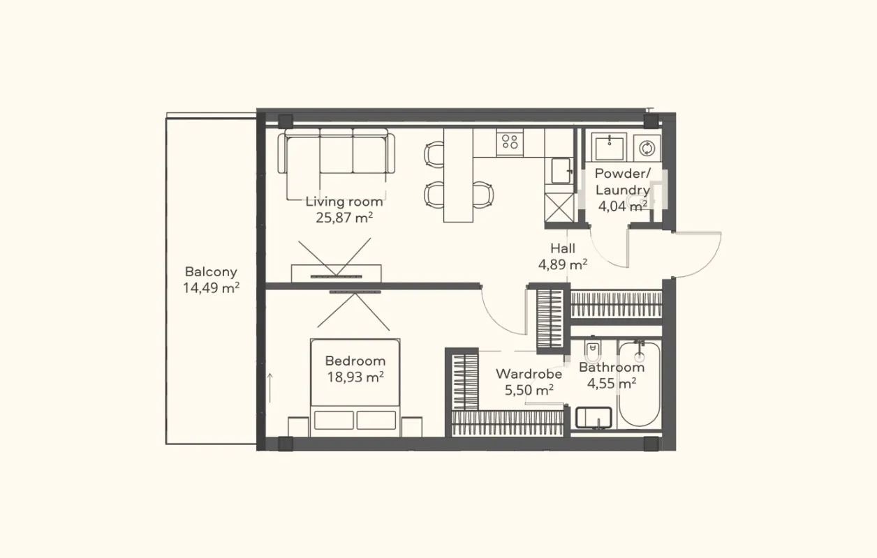 Планировка апартаментов с одной спальней Trussardi Residences, тип B: гостиная 25,87 м² с кухонным островом, спальня 18,93 м², гардеробная 5,5 м², санузел 4,55 м², гостевой санузел с прачечной 4,04 м² и балкон 14,49 м²