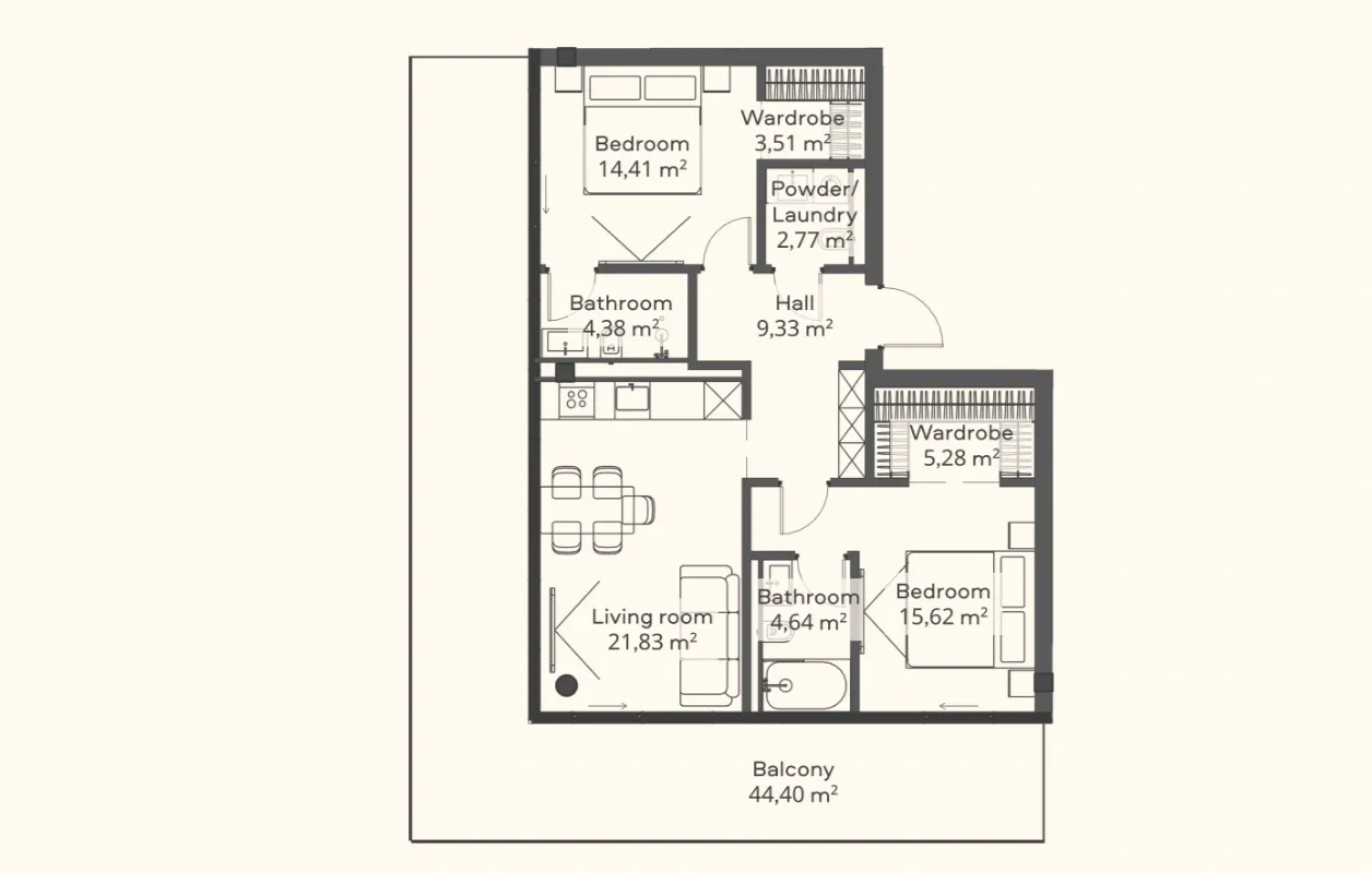 Планировка апартаментов с двумя спальнями Trussardi Residences: гостиная 21,83 м², спальни 15,62 и 14,41 м² со своими гардеробными и санузлами, холл 9,33 м² и балкон 44,4 м²
