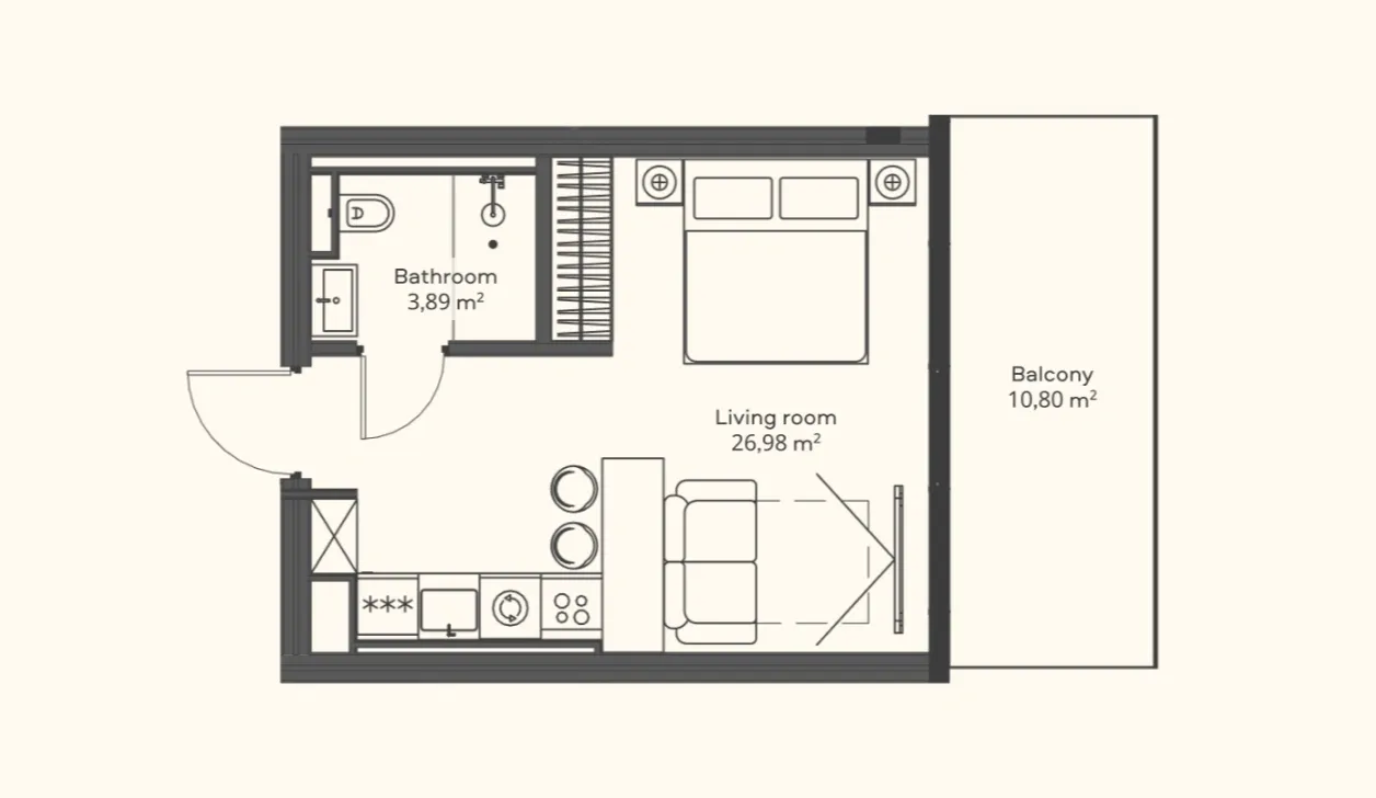 Планировка студии Trussardi Residences, тип B: гостиная 26,98 м² с кухонной линией и спальной зоной, санузел 3,89 м² и балкон 10,8 м²